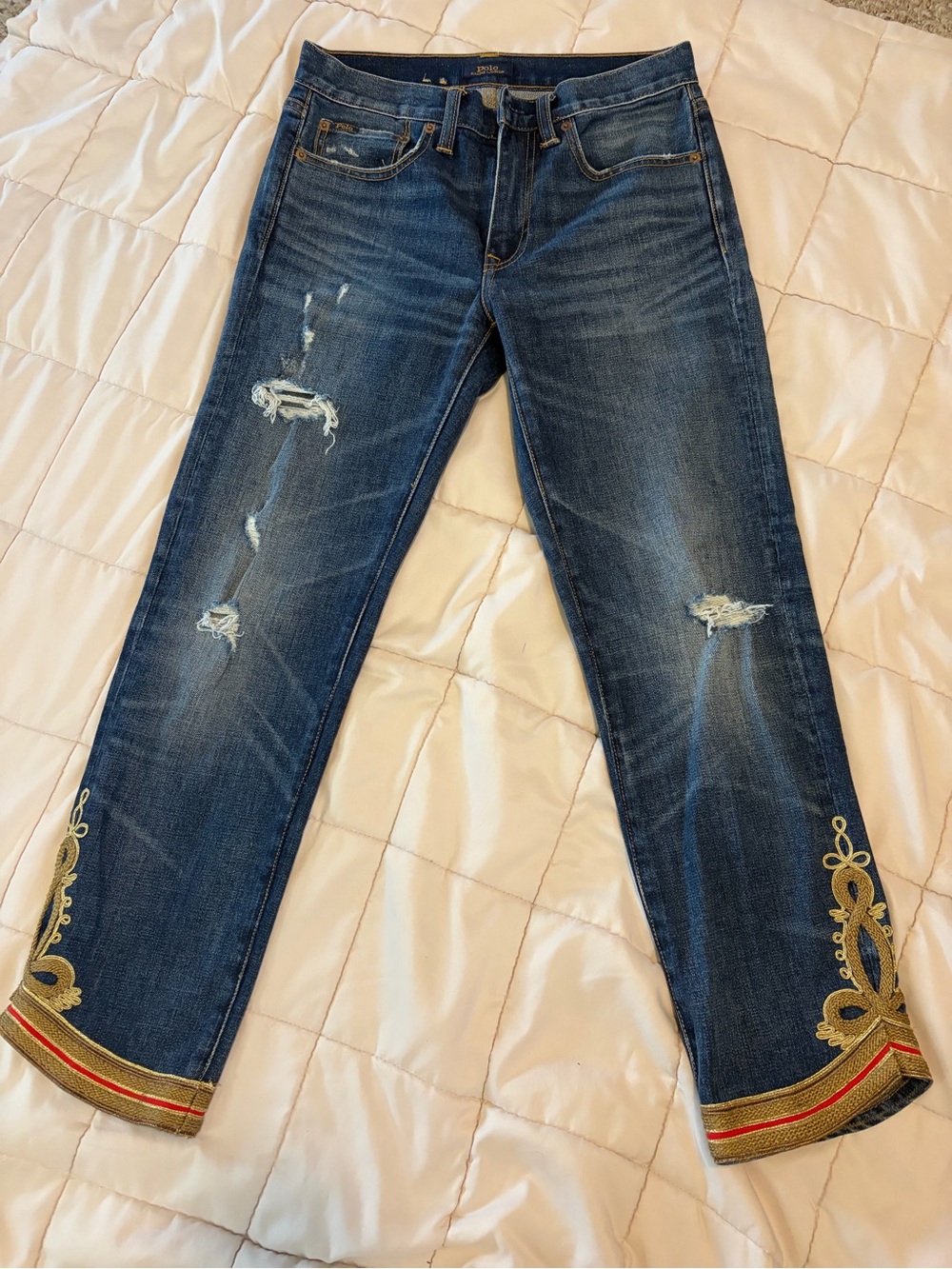 Waverly Dark Blue Straight Leg Jeans with Gold Embroidery
